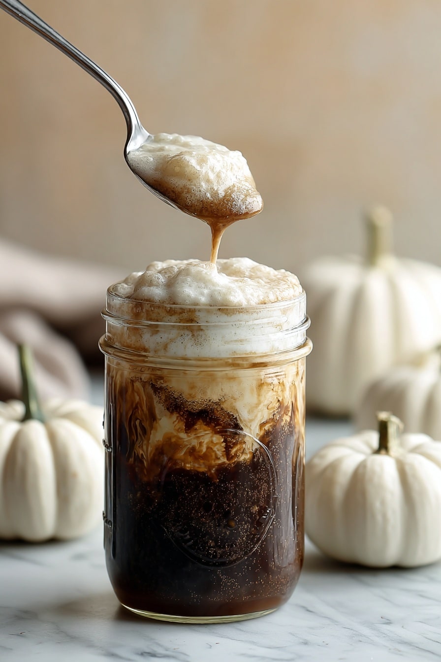 Sweet Cream Cold Foam - A clear glass jar filled with dark brown coffee at the bottom, swirling with a lighter creamy layer mixing in above it, topped with a thick, fluffy white foam layer being lifted by a silver spoon from the top. The jar sits on a white marbled surface with three small white pumpkins with light green stems in the blurred background, set against a soft beige backdrop. photo taken with an iphone --ar 2:3 --v 7