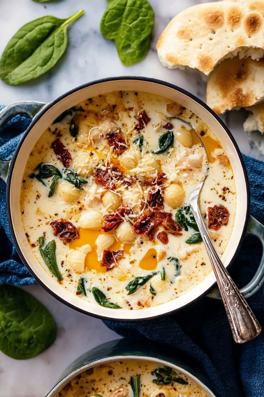 The image shows a white ceramic pot filled with creamy soup containing three main visible layers: the base is a thick, off-white creamy broth mixed with small white pasta shells and chunks of light-colored meat; scattered throughout are dark green spinach leaves adding contrast; on top, there are pieces of rich dark red sun-dried tomatoes and a bright orange oil drizzle spreading across the surface with a light dusting of grated cheese in the center. A silver spoon rests inside the soup, and pieces of white flatbread are placed next to the pot on a white marbled surface with dark blue cloth partially visible in the background. A few loose fresh spinach leaves are also scattered nearby. photo taken with an iphone --ar 2:3 --v 7