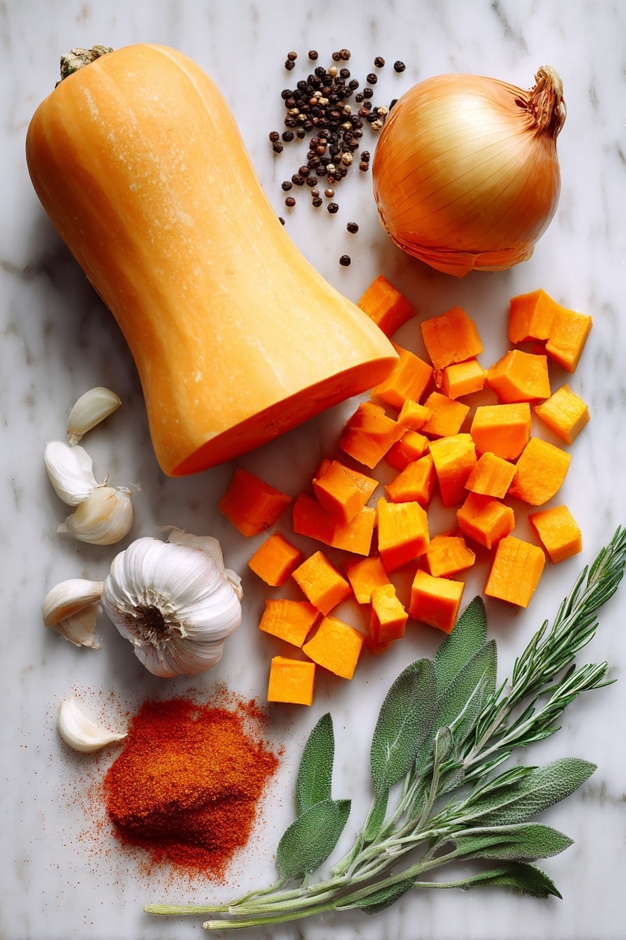 Flat lay of a large butternut squash with smooth orange skin and bright orange flesh chunks, vibrant peeled and diced orange carrots, a whole yellow onion with papery skin and diced pieces, several peeled garlic cloves with a creamy white texture, fresh green sage leaves finely chopped and whole sprigs, sprigs of rosemary with deep green needles, a small heap of smoky red paprika powder, and a scattering of whole black peppercorns—all arranged naturally with some overlapping and space between to showcase their colors and textures, placed on white marbled surface, photo taken with an iphone --ar 2:3 --v 7