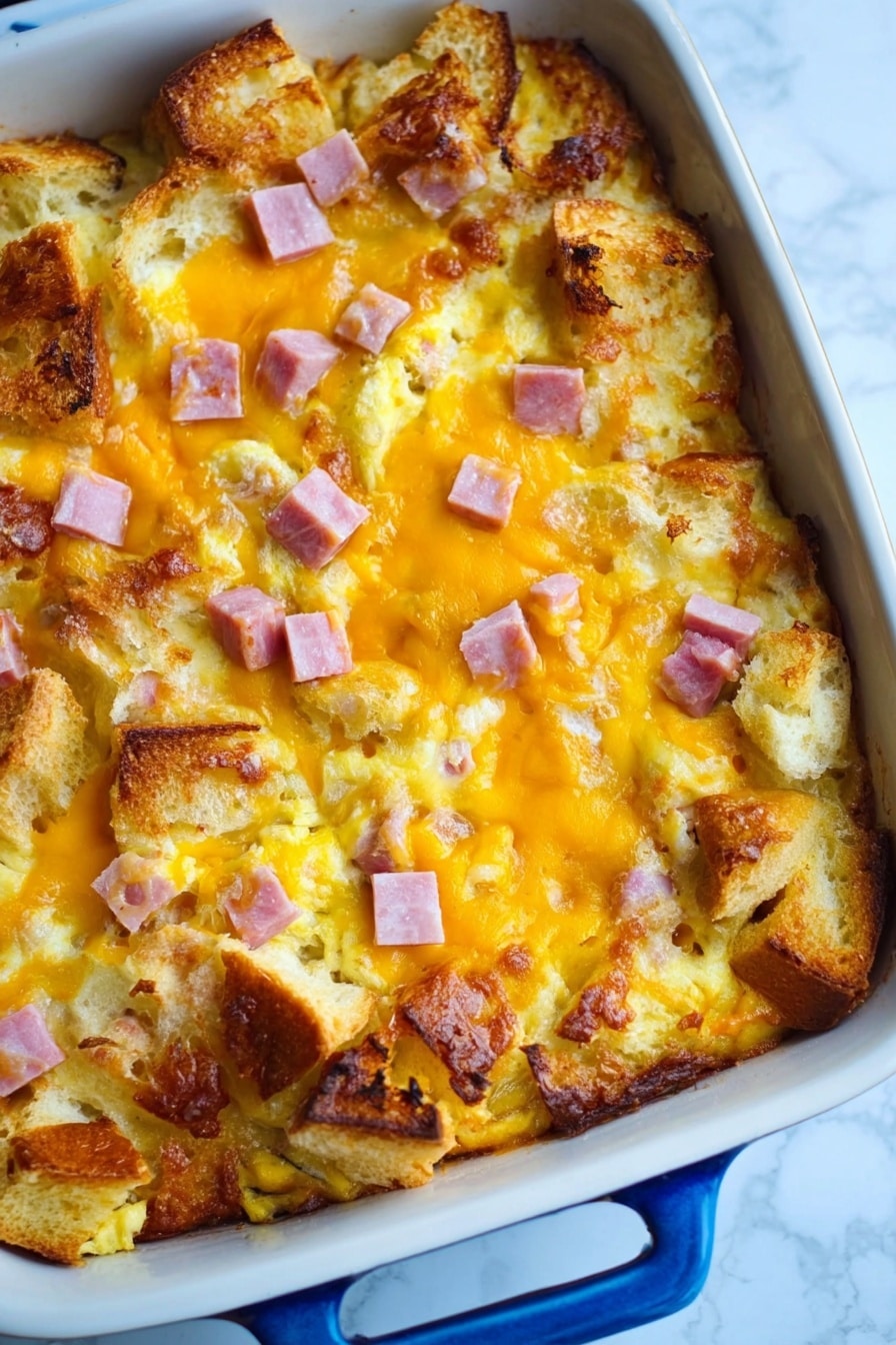 A white rectangular pan holds a baked dish with three main visible layers. The bottom layer is made up of soft, toasted bread pieces that look golden brown and slightly crispy on the edges. On top of the bread, there is a layer of small pink cubes of ham spread evenly. The top layer is melted bright orange cheddar cheese that covers the bread and ham, with some parts showing a shiny and slightly browned texture from baking. The dish is placed on a white marbled surface. Photo taken with an iphone --ar 2:3 --v 7