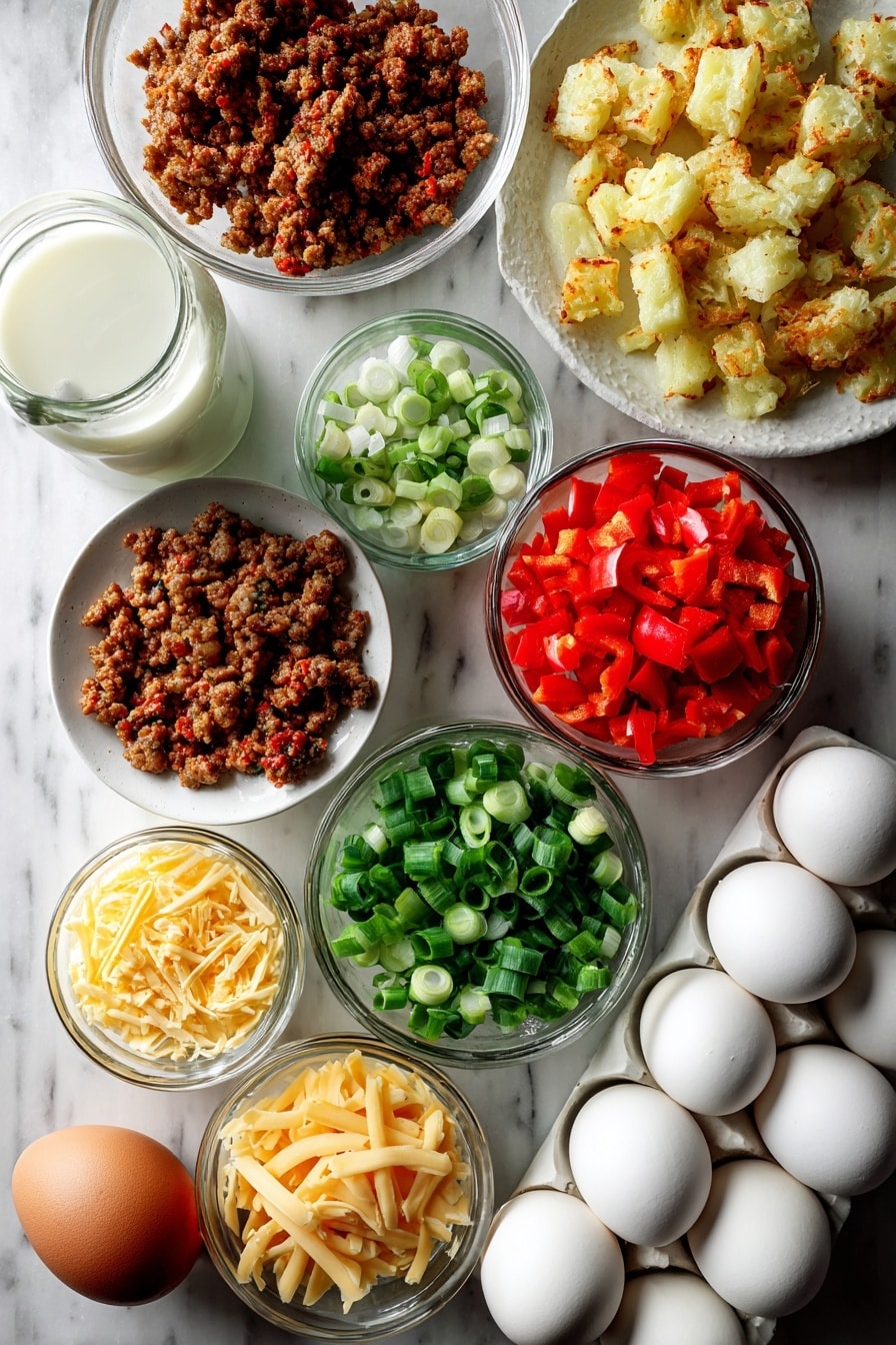 Flat lay of thawed golden hash brown potatoes, crumbled spicy pork sausage browned to perfection, bright chopped red bell peppers, fresh sliced green onions with vibrant green tops, shredded sharp cheddar cheese in small piles, creamy whole milk in a glass jar, and whole eggs with smooth shells, all beautifully arranged on a white marble surface, photo taken with an iphone --ar 2:3 --v 7