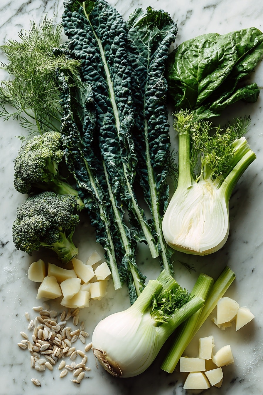 Flat lay of a fresh green bunch of kale leaves with rich dark green hues and curly texture, vibrant baby spinach leaves layered beneath, bright broccoli florets with deep green buds and thick stalks, crisp celery stalks in pale green with leafy tops, a whole fennel bulb showing its white layered layers and feathery green fronds, a diced white onion with translucent layers and purple-tinged skin edges, several peeled potato cubes in creamy off-white, and a small pile of pale beige sunflower seeds with a smooth matte finish, all neatly arranged with varied textures and colors harmonizing beautifully, placed on white marbled surface, photo taken with an iphone --ar 2:3 --v 7