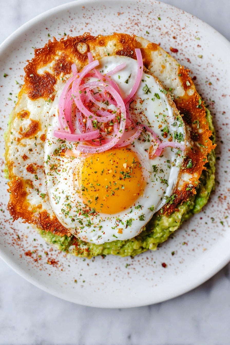 A white plate holds a layered dish starting with a bottom layer of bright green avocado mash spread evenly. On top of this is a crispy, golden brown tortilla with a bubbly texture and some white melted cheese parts. Covering the tortilla is a sunny-side-up fried egg with a bright yellow yolk in the center and white cooked edges that look soft but firm. There are thin, curly slices of pink pickled onions placed casually on the egg. The whole dish is sprinkled with dried herbs and red chili flakes, adding small bits of green and red colors across the egg and tortilla. The plate sits on a white marbled surface. photo taken with an iphone --ar 2:3 --v 7