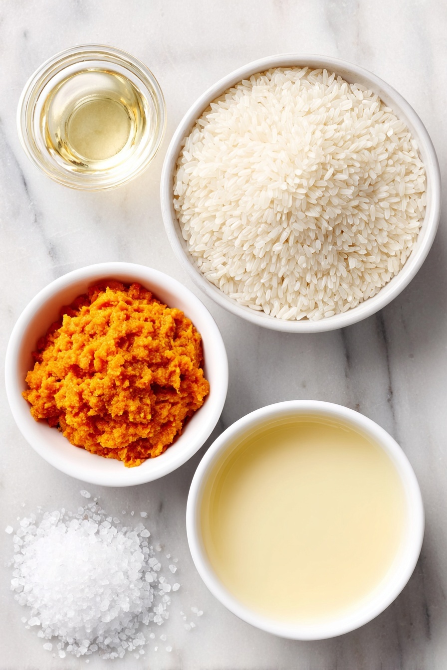 Flat lay of a small white ceramic bowl filled with creamy light coconut milk, a small white ceramic bowl of clear golden vegetable broth, a small white ceramic bowl holding smooth bright orange fresh pumpkin purée, a simple pile of uncooked white rice grains spread neatly on the surface, and a few sparkling white sea salt crystals scattered beside the ingredients, all arranged in perfect symmetry and realistic proportions, placed on a clean white marble surface, soft natural light, photo taken with an iPhone, professional food photography style, fresh ingredients, white ceramic bowls, no bottles, no duplicates, no utensils, no packaging --ar 2:3 --v 7 --p m7354615311229779997