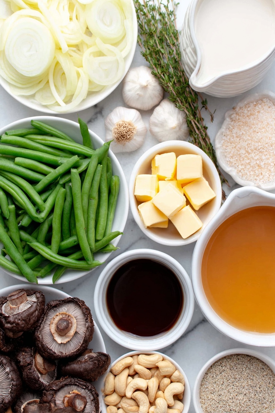Flat lay of fresh green beans, trimmed and halved, bright green and crisp; thinly sliced medium yellow onions in a neat pile; small heap of raw cashews with creamy beige tones; baby portobello mushrooms cut into pieces, deep brown and fresh; three whole garlic cloves with papery white skins; a small white ceramic bowl filled with smooth unsweetened almond milk; another small white bowl containing golden vegan butter cubes; a third small white bowl holding light brown oat flour; a fourth small white bowl with golden gluten-free panko bread crumbs; a fifth small white bowl with coarse sea salt crystals; a sixth small white bowl of dark low-sodium tamari sauce; a small white bowl filled with golden vegetable broth; and a pinch of ground nutmeg and ground black pepper arranged as fine piles on the white surface, all ingredients arranged in perfect symmetry on simple white ceramic bowls, placed on a clean white marble surface, soft natural light, photo taken with an iPhone, professional food photography style, fresh ingredients, white ceramic bowls, no bottles, no duplicates, no utensils, no packaging --ar 2:3 --v 7 --p m7354615311229779997