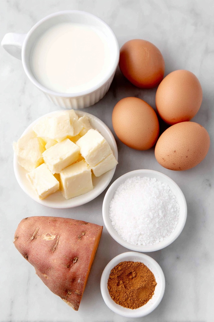 Flat lay of peeled and chopped medium sweet potatoes arranged in a small pile, a few whole uncracked brown eggs, a small white ceramic bowl filled with regular milk, a small white ceramic bowl holding three tablespoons of creamy butter, a small white ceramic bowl containing fine sea salt crystals, a small white ceramic bowl with cracked black pepper, a small white ceramic bowl with amber maple syrup, and a small white ceramic bowl of warm brown cinnamon powder, all placed on a clean white marble surface, soft natural light, photo taken with an iPhone, professional food photography style, fresh ingredients, white ceramic bowls, no bottles, no duplicates, no utensils, no packaging --ar 2:3 --v 7 --p m7354615311229779997