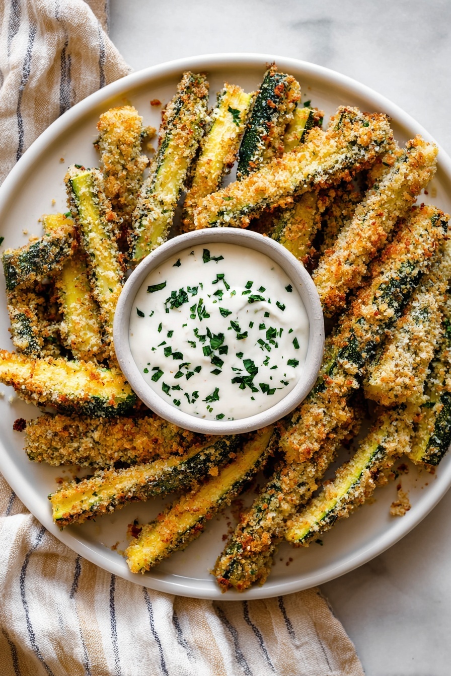 The image shows many crispy zucchini sticks coated in a golden, crunchy breadcrumb mix with green herb flecks, arranged around a small white bowl filled with creamy, white ranch sauce topped with chopped green herbs. A woman's hand is dipping one of the zucchini sticks into the sauce. The food is on a white plate with a thin brown rim, and the background is a white marbled texture. photo taken with an iphone --ar 2:3 --v 7
