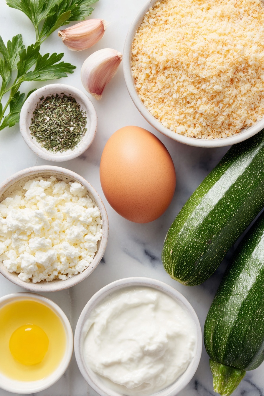Flat lay of two fresh green zucchinis, one whole brown egg with uncracked shell, a small white ceramic bowl filled with light golden panko breadcrumbs, a small white ceramic bowl of finely grated pale yellow Parmigiano-Reggiano cheese, a small white ceramic bowl containing mixed dried Italian seasoning herbs, a small white ceramic bowl with coarse sea salt crystals, a small white ceramic bowl with creamy white Greek yogurt, a small white ceramic bowl with smooth pale mayonnaise, a small white ceramic bowl holding freshly squeezed lemon juice, one peeled garlic clove, a few sprigs of vibrant green fresh parsley leaves placed on a clean white marble surface, soft natural light, photo taken with an iPhone, professional food photography style, fresh ingredients, white ceramic bowls, no bottles, no duplicates, no utensils, no packaging --ar 2:3 --v 7 --p m7354615311229779997