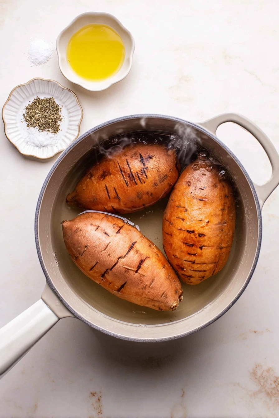 The image shows three whole sweet potatoes boiling in a light gray pot with a white handle, filled with clear water and steam rising. The sweet potatoes have a reddish-brown skin with some dark grill marks. Next to the pot, there is a small white scalloped-edged dish with coarse salt and black pepper, and a small white bowl with yellow cooking oil. All items are placed on a white marbled surface. Photo taken with an iphone --ar 2:3 --v 7