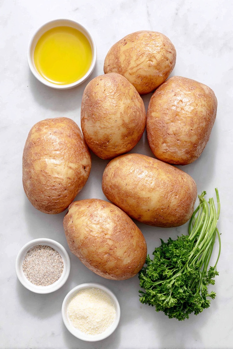 Flat lay of a few whole russet potatoes with textured brown skins, a small white bowl of golden olive oil, a small white bowl of fine garlic powder, a small white bowl of light onion powder, a small white bowl of coarse salt crystals, a small white bowl of freshly ground black pepper, and a small bunch of vibrant fresh parsley sprigs neatly arranged, all placed on a clean white marble surface, soft natural light, photo taken with an iPhone, professional food photography style, fresh ingredients, white ceramic bowls, no bottles, no duplicates, no utensils, no packaging --ar 2:3 --v 7 --p m7354615311229779997
