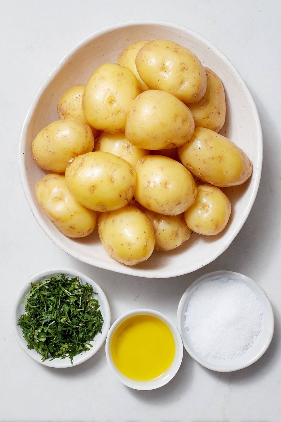 Flat lay of small fresh yellow potatoes with smooth skins, a small white ceramic bowl of golden olive oil, a small white bowl filled with coarse salt crystals, a small white bowl containing ground black pepper, a small white bowl holding garlic powder, a small white bowl with onion powder, and a small bunch of fresh green parsley sprigs, all neatly arranged with perfect symmetry on a clean white marble surface, soft natural light, photo taken with an iPhone, professional food photography style, fresh ingredients, white ceramic bowls, no bottles, no duplicates, no utensils, no packaging --ar 2:3 --v 7 --p m7354615311229779997