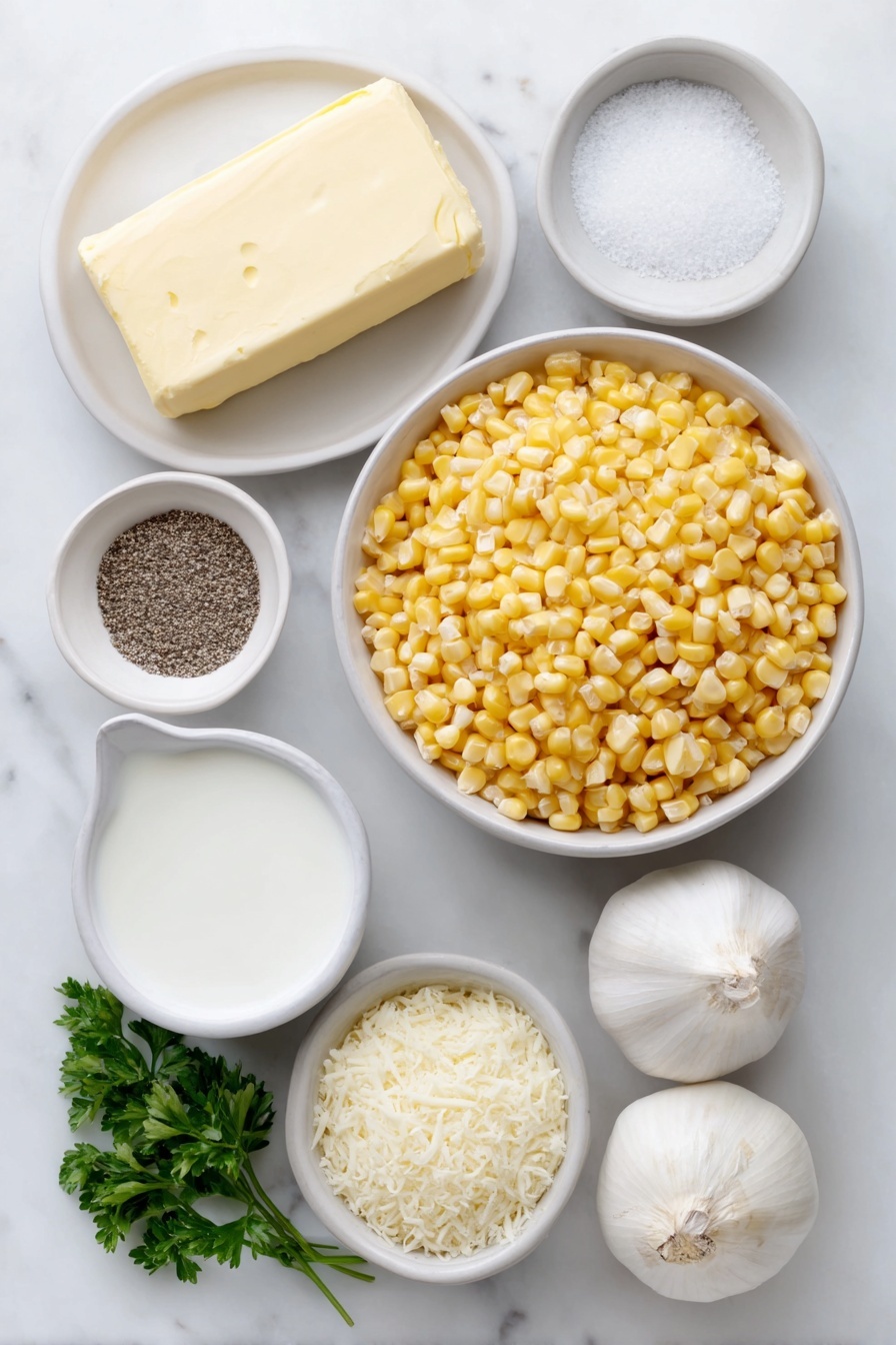 Flat lay of a small pat of unsalted butter, one small whole yellow onion, two whole uncracked garlic cloves, a simple white ceramic bowl filled with fresh yellow corn kernels, a small white bowl of salt crystals, a small white bowl of freshly ground black pepper, a small white bowl of whole milk, a small white bowl with white arrowroot powder, a small white bowl of freshly grated parmesan cheese, and a few sprigs of fresh green parsley, all arranged symmetrically on a clean white marble surface, soft natural light, photo taken with an iPhone, professional food photography style, fresh ingredients, white ceramic bowls, no bottles, no duplicates, no utensils, no packaging --ar 2:3 --v 7 --p m7354615311229779997