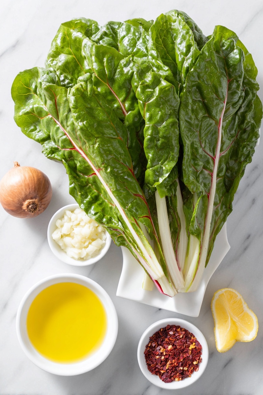Flat lay of a fresh bunch of vibrant beet greens with stems, a single whole uncracked brown garlic bulb next to a small white ceramic bowl containing minced garlic, another small white bowl filled with bright red crushed red pepper flakes, a small white bowl of golden olive oil, a small white bowl with fresh yellow lemon juice, scattered grains of sea salt crystals and whole black peppercorns arranged neatly on a simple white ceramic plate, all placed on a clean white marble surface, soft natural light, photo taken with an iPhone, professional food photography style, fresh ingredients, white ceramic bowls, no bottles, no duplicates, no utensils, no packaging --ar 2:3 --v 7 --p m7354615311229779997