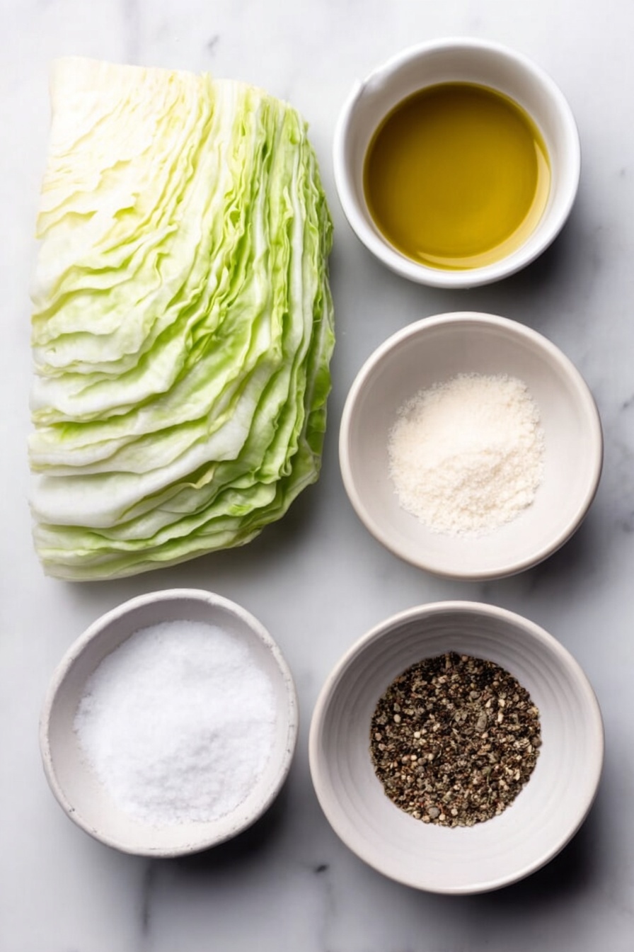 Flat lay of a small head of fresh green cabbage cut into thick slices, a small white ceramic bowl with golden olive oil, a small white ceramic bowl holding fine garlic powder, a small white ceramic bowl filled with coarse sea salt crystals, a small white ceramic bowl containing ground black pepper, all arranged in perfect symmetry and balanced proportions, placed on a clean white marble surface, soft natural light, photo taken with an iPhone, professional food photography style, fresh ingredients, white ceramic bowls, no bottles, no duplicates, no utensils, no packaging --ar 2:3 --v 7 --p m7354615311229779997