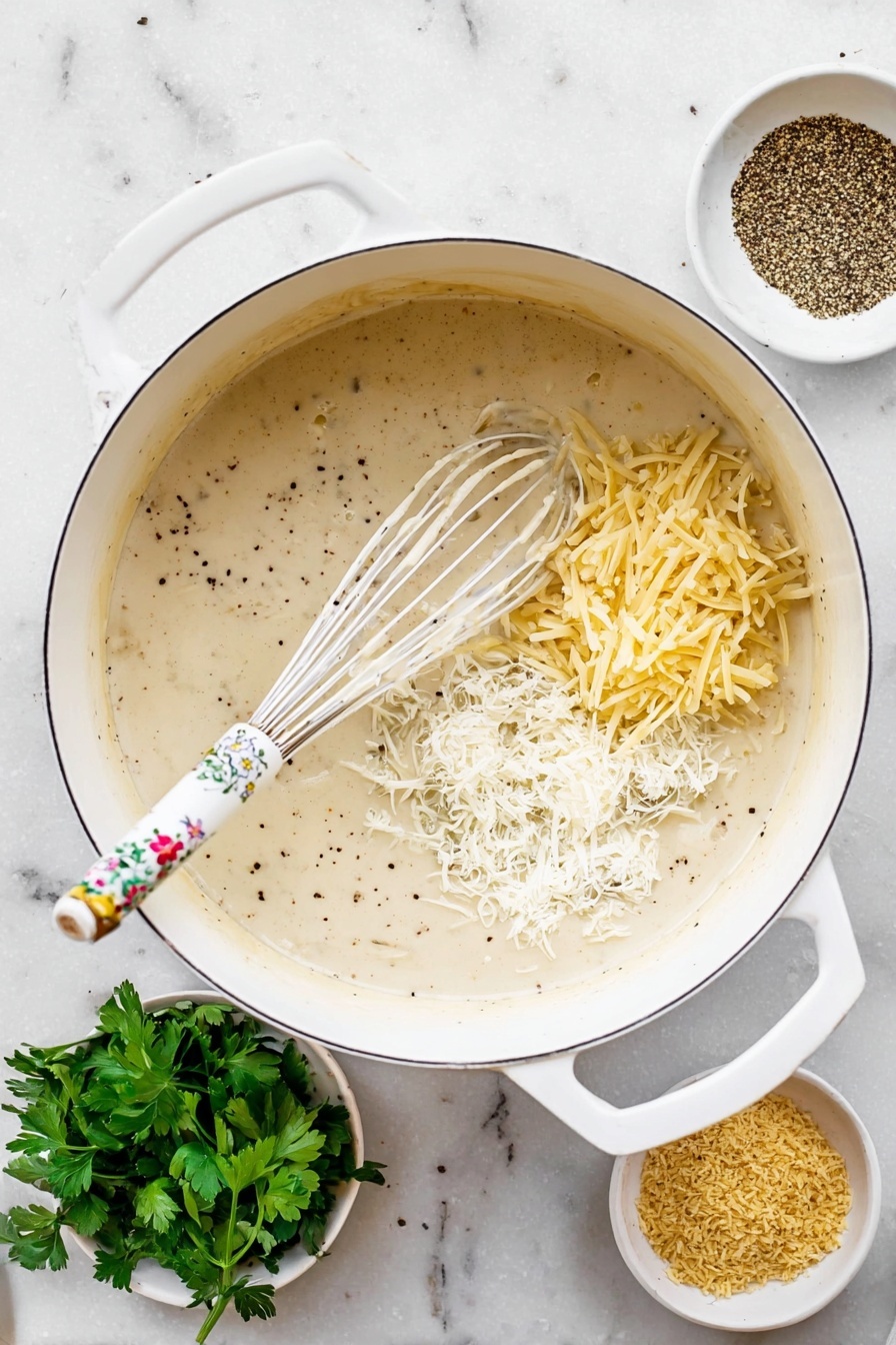 A white rectangular ceramic dish filled with a baked cauliflower gratin, featuring a thick golden-brown crispy breadcrumb layer on top scattered with small green parsley flakes. Underneath, creamy and slightly bubbly cheese sauce surrounds tender white cauliflower florets spread evenly. The edges of the dish show some baked-on sauce, adding texture. The dish is placed on a soft beige cloth over a white marbled surface. Photo taken with an iphone --ar 2:3 --v 7