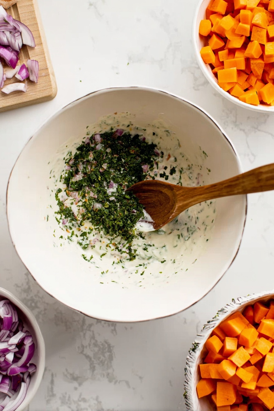 The dish shows a white bowl filled with roasted orange cubes of sweet potatoes mixed with browned pieces of caramelized onion and small green herb leaves scattered through the dish. On a silver spoon held close to the camera, there are a few sweet potato cubes with some browned onions and herbs. The background has a white marbled texture with a blurred glass of yellow drink at the top left corner. photo taken with an iphone --ar 2:3 --v 7
