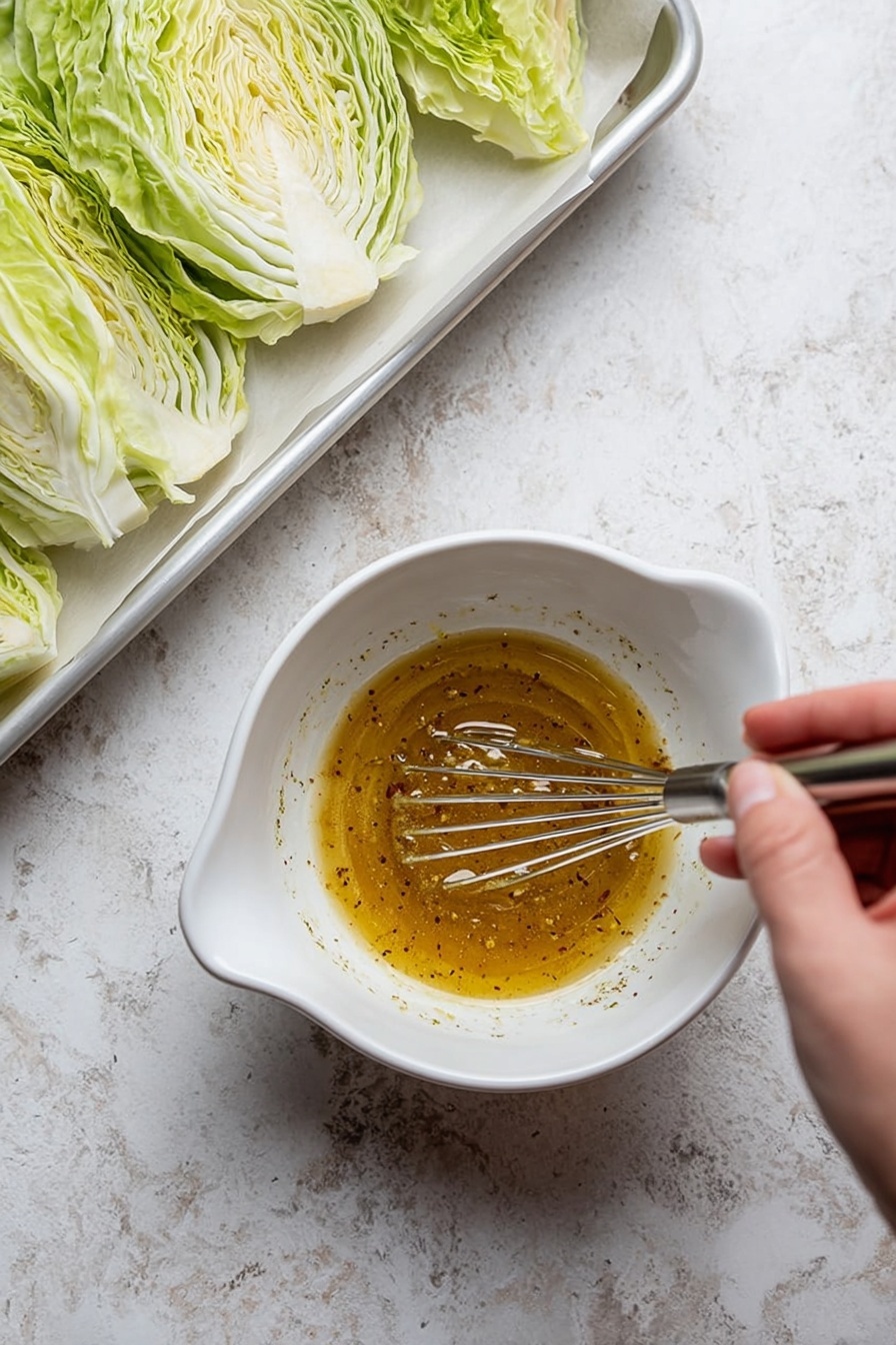 In the image, a woman's hand is holding a small metal whisk inside a white mixing bowl with a spout, whisking a golden brown mixture that has a smooth and slightly oily texture with visible tiny spices. To the left, several thick slices of pale green and white cabbage lay in a white tray lined with parchment paper. The scene is set on a white marbled surface, giving a clean and bright look. photo taken with an iphone --ar 2:3 --v 7