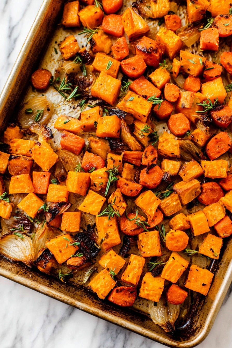 The image shows a single layer of roasted vegetables in a metal baking tray, filled with golden orange cubes of butternut squash, bright orange carrot pieces, and some caramelized onion slices scattered throughout. The vegetables have a slightly charred surface with browning edges, giving a textured and roasted look. Small green herb leaves, likely rosemary, are sprinkled on top, adding a fresh contrast to the warm colors. The tray sits on a white marbled surface. photo taken with an iphone --ar 2:3 --v 7