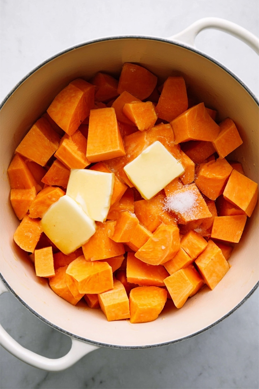 Inside a white pot, bright orange chunks of cooked sweet potato fill the center. On top, two small pieces of pale yellow butter are placed, beginning to soften. A small sprinkle of white granulated sugar lies near the butter, blending slightly with the sweet potato. The pot’s interior is smooth and light cream colored, surrounded by the white marbled surface beneath it. photo taken with an iphone --ar 2:3 --v 7