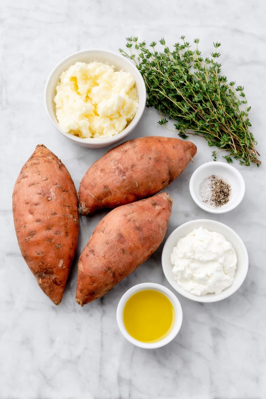 Flat lay of three large scrubbed sweet potatoes, a few fresh thyme sprigs, a small white bowl of golden olive oil, a small white bowl of coarse sea salt, a small white bowl of ground black pepper, a small white bowl of creamy Greek yogurt, a small white bowl of smooth mayonnaise, a small white bowl with freshly squeezed lemon juice, one whole clove of garlic, and a few sprigs of fresh parsley, all arranged in perfect symmetry on a simple white ceramic surface, placed on a clean white marble surface, soft natural light, photo taken with an iPhone, professional food photography style, fresh ingredients, white ceramic bowls, no bottles, no duplicates, no utensils, no packaging --ar 2:3 --v 7 --p m7354615311229779997