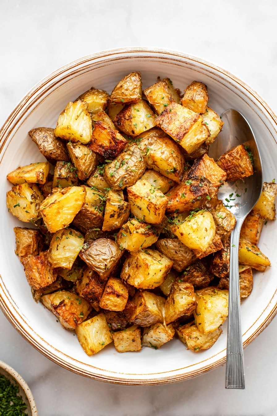 The image shows a white bowl with brown lines around the edge, filled with golden brown roasted potato cubes. The potatoes have a crispy texture with some darker roasted spots on the edges and are sprinkled with small green herb pieces. A silver spoon is placed inside the bowl on the right side, resting on the potatoes. The bowl sits on a white marbled surface. photo taken with an iphone --ar 2:3 --v 7