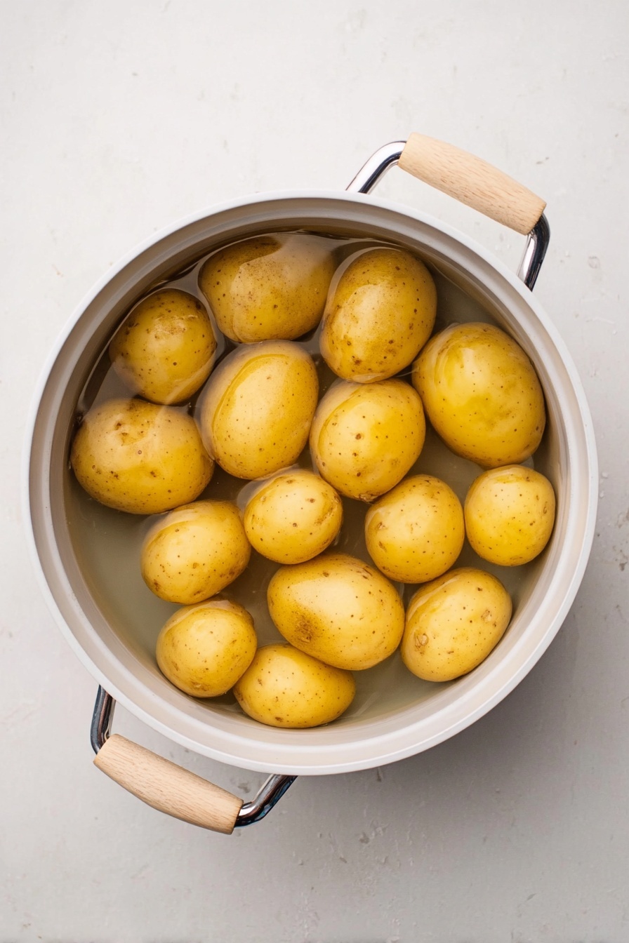 A white cooking pot filled with about 20 small yellow potatoes submerged in clear water, showing their smooth skins with slight spots and natural marks. The pot has a light-colored handle with a metallic ring near the base, placed on a white marbled surface. The top-down view captures the round shape of the pot and the evenly spread potatoes inside. photo taken with an iphone --ar 2:3 --v 7