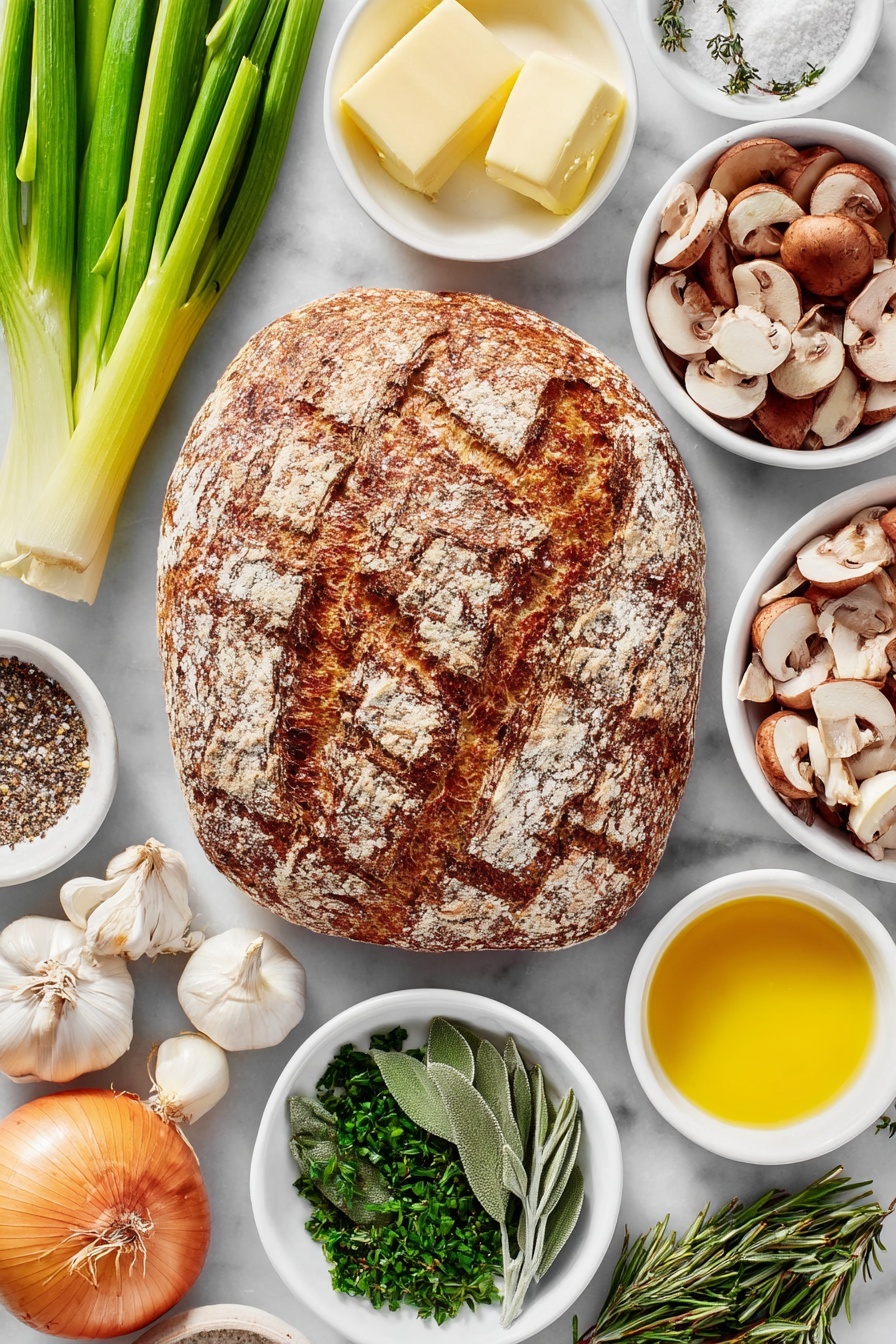 Flat lay of a crusty sourdough loaf with golden crust and airy texture, a few tablespoons of smooth vegan butter in a small white ceramic bowl, a whole yellow onion with bright golden skin, three whole uncracked garlic cloves with papery white skins, a small pile of fresh celery stalks chopped into crisp pieces, a handful of brown baby bella mushrooms sliced, a small white bowl filled with fresh chopped sage leaves, a small white bowl with chopped fresh rosemary sprigs, a small white bowl containing fresh thyme sprigs, a small white bowl of vibrant green chopped parsley, a tiny white ceramic bowl holding fine sea salt crystals, another tiny white bowl with freshly ground black pepper, a small white bowl with golden vegetable broth, all arranged symmetrically and balanced, placed on a clean white marble surface, soft natural light, photo taken with an iPhone, professional food photography style, fresh ingredients, white ceramic bowls, no bottles, no duplicates, no utensils, no packaging --ar 2:3 --v 7 --p m7354615311229779997
