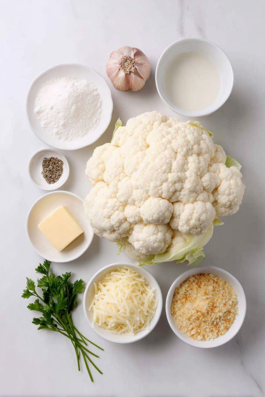 Flat lay of a large head of fresh cauliflower cut into medium florets, two uncracked brown garlic cloves, a small pile of chopped yellow onion, a pat of creamy butter, a small white ceramic bowl of all-purpose flour, a small white ceramic bowl of sea salt, a small white ceramic bowl of ground black pepper, a tiny pinch of nutmeg on white ceramic dish, a small white ceramic bowl of unsweetened almond milk, a small white ceramic bowl with shredded gruyere cheese, a small white ceramic bowl with shredded parmesan cheese, a small white ceramic bowl filled with golden panko breadcrumbs, and a few sprigs of fresh parsley, all arranged symmetrically on a clean white marble surface, soft natural light, photo taken with an iPhone, professional food photography style, fresh ingredients, white ceramic bowls, no bottles, no duplicates, no utensils, no packaging --ar 2:3 --v 7 --p m7354615311229779997