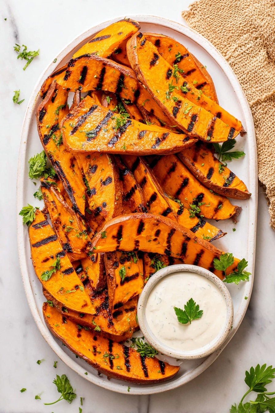 An oval white plate filled with multiple layers of bright orange grilled sweet potato wedges showing dark grill marks across their smooth surfaces. The wedges overlap naturally, creating a pile that fills most of the plate. Scattered green parsley leaves add a fresh touch around and on top of the sweet potatoes. In the bottom right corner of the plate, a small white bowl holds a creamy white dipping sauce, garnished with a single parsley leaf. The plate rests on a white marbled surface with a beige textured cloth in the top right background. Photo taken with an iphone --ar 2:3 --v 7