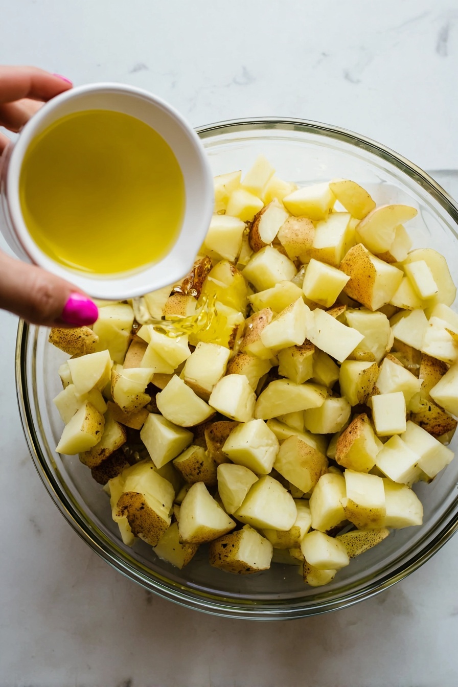 In this image, there is a clear glass bowl filled with a layer of chopped potatoes, showing off their light cream inside and brown skin bits. Above the bowl, a woman's hand with pink nail polish holds a small white cup filled with golden-yellow olive oil, pouring it over the potatoes. The bowl sits on a white marbled surface that adds a clean and bright background. The potatoes appear fresh and well-cut, waiting to be mixed with the oil. Photo taken with an iphone --ar 2:3 --v 7