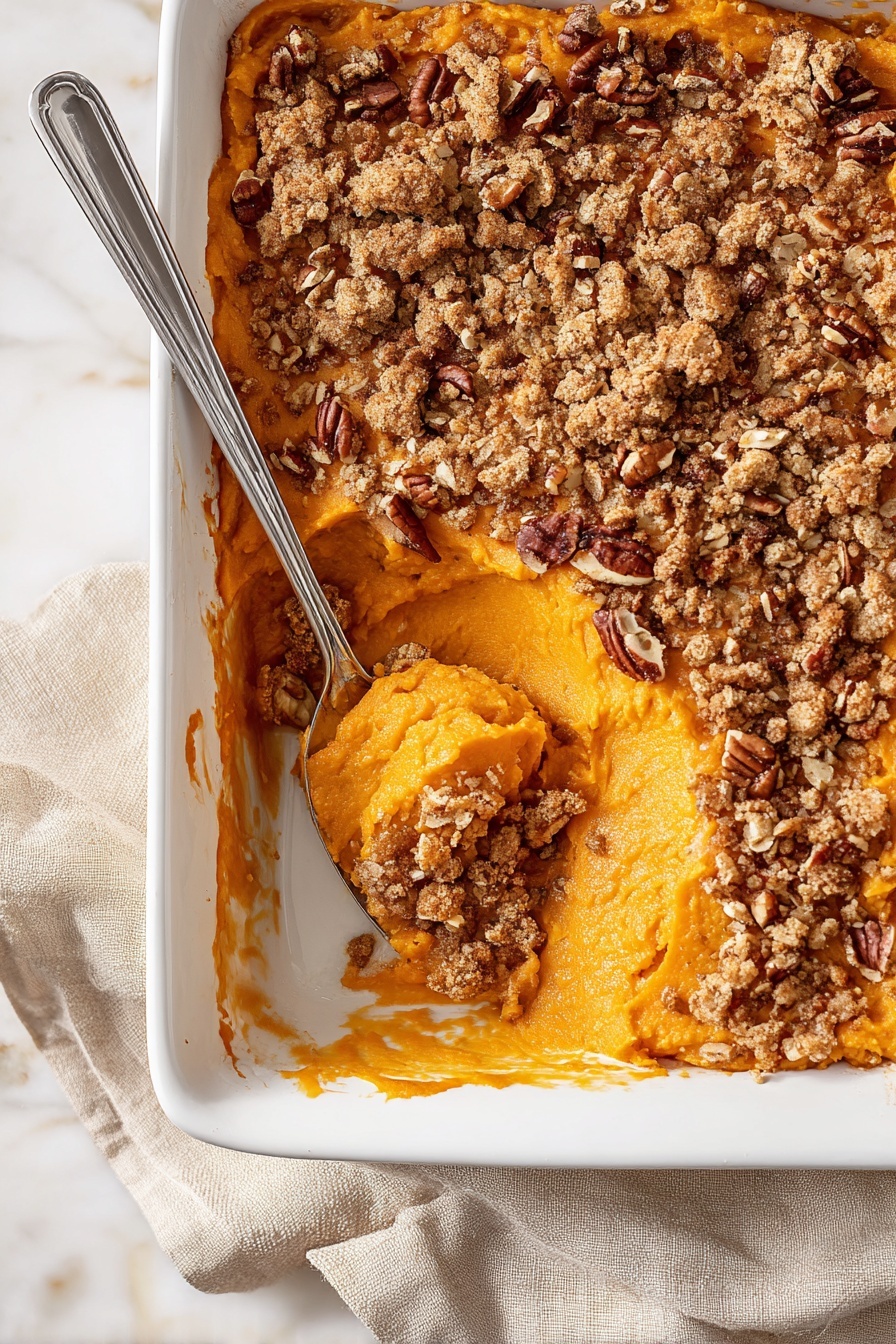 A white rectangular dish filled with a two-layered sweet potato casserole. The bottom layer is smooth and bright orange mashed sweet potatoes with a soft texture. On top, there is a thick, crumbly brown topping made of oats and small pieces of pecans, covering the dish fully except for a large scoop taken out the center. A silver serving spoon rests inside the empty part of the dish with some casserole on it. The dish is set on a white marbled surface with a beige cloth partially visible under the dish. Photo taken with an iphone --ar 2:3 --v 7