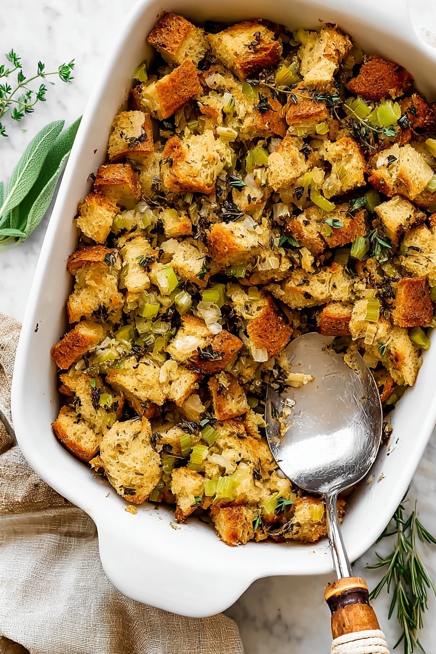The image shows a white rectangular baking dish filled with a mixture of golden brown bread cubes, chopped celery, onions, and herbs. The bread cubes have varied textures, some crispy and some softer, with specks of green and dark brown herbs scattered throughout. A large silver spoon with a wrapped brown handle rests inside the dish on the right side. Around the dish, fresh green herb sprigs lie on a white marbled surface, along with a beige cloth napkin partially in view. photo taken with an iphone --ar 2:3 --v 7